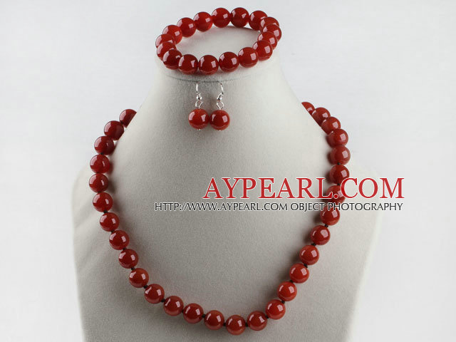 12mm red agate ball necklace bracelet earrings set