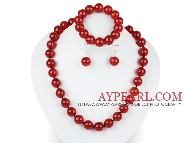 14mm red agate ball necklace bracelet earrings set
