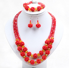 Popular Trendy Style Bright Yellow And Red Crystal Beads Jewelry Set (Necklace With Matched Bracelet And Earrings)