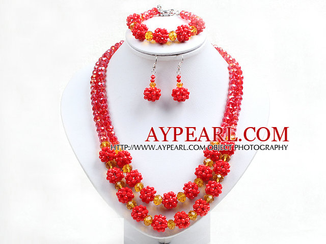 Popular Trendy Style Bright Yellow And Red Crystal Beads Jewelry Set (Necklace With Matched Bracelet And Earrings)