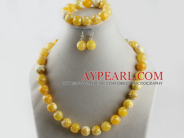 14mm burst pattern yellow color agate ball necklace bracelet earrings set