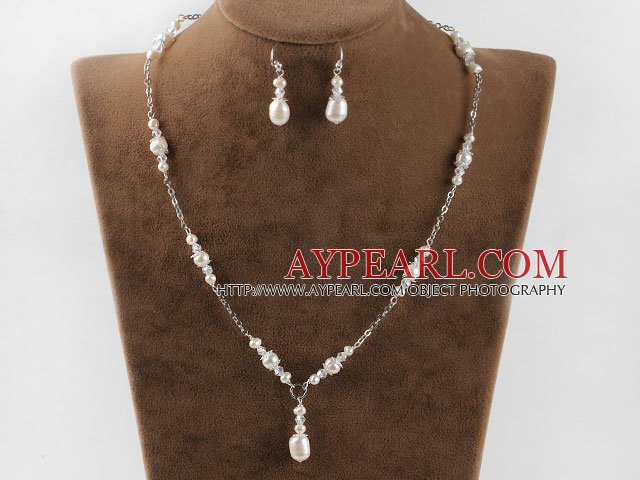  white pearl and clear crystal necklace earrings set