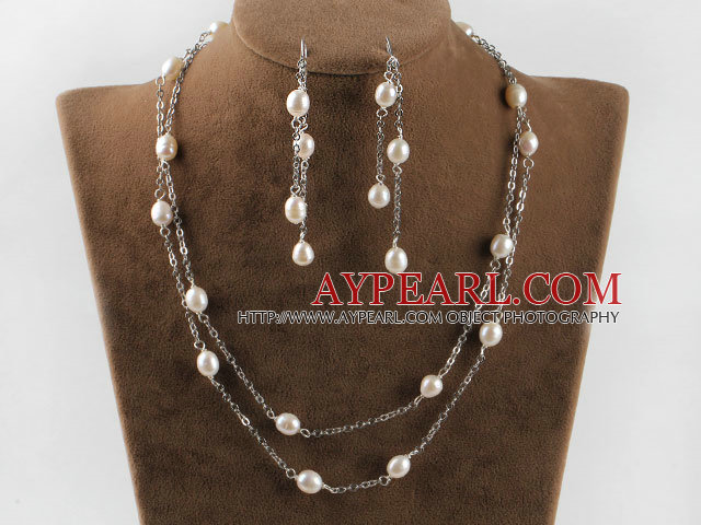 2 strands 8--9mm white pearl bridal necklace earrings set