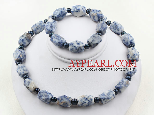 Black Freshwater Pearl and Aniseed Blue Spot Stone Set ( Necklace and Matched Bracelet )