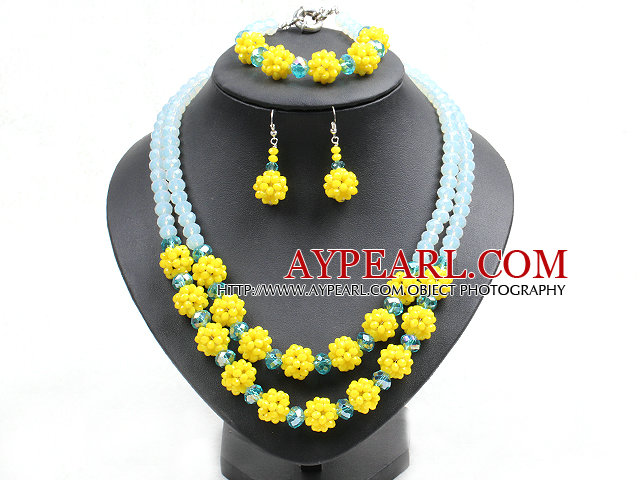 Populära trendig stil gul och ljusblå Crystal Pärlor Smycken Set (halsband med matchande armband och örhängen)