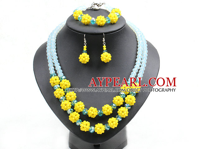 Popular Trendy Style Yellow And Light Blue Crystal Beads Jewelry Set (Necklace With Matched Bracelet And Earrings)