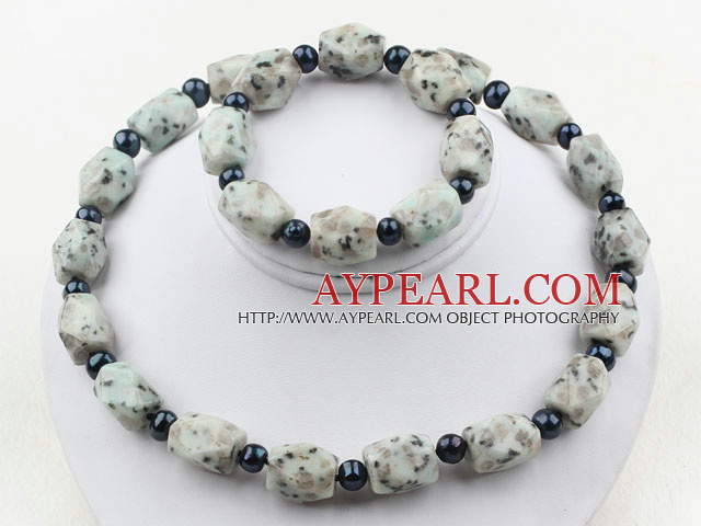 Black Freshwater Pearl and Spot Stone Set ( Necklace and Matched Bracelet )