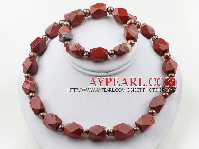 Ruskea makeanveden helmi ja anis Red Jasper Set (kaulakoru ja Vastaavat rannekoru)