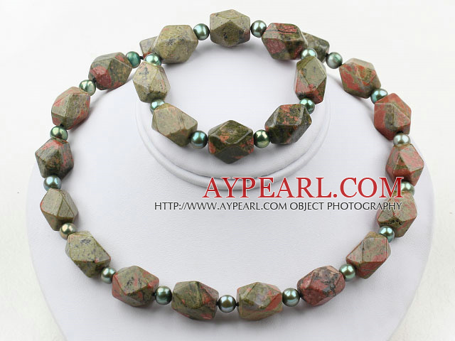 Green Freshwater Pearl and Aniseed Unakite Set ( Necklace and Matched Bracelet )