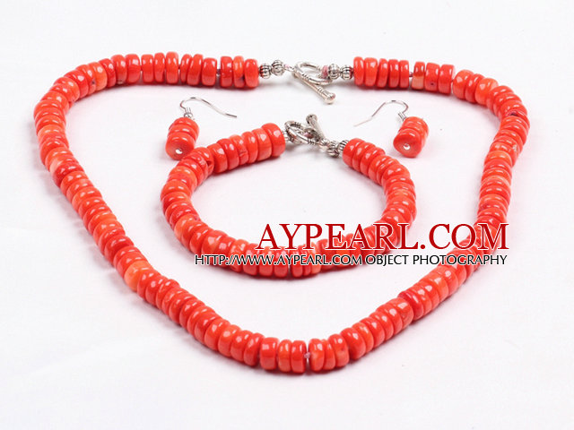 Populære stil Disc Shape Bright Red Coral smykker Set (Halskjede med Samsvar armbånd og øredobber)