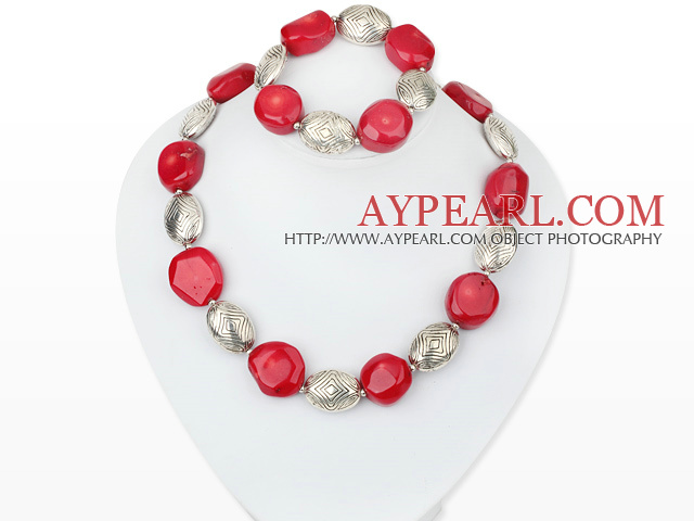 red coral and tibet silver necklace bracelet set