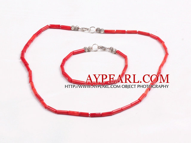 Enkel stil Single Strand Cylinder Shape röda pärlor korall Smycken Set (halsband med matchande armband)