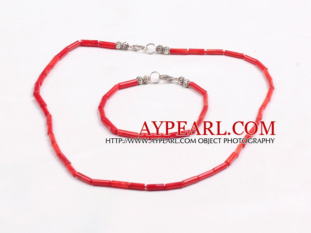 Simple Style Single Strand cilindru Forma Red Coral margele Set Bijuterii (colier cu bratara potrivire)