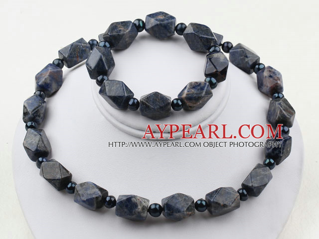Dark Blue Freshwater Pearl and Aniseed Sodalite Set ( Necklace and Matched Bracelet )
