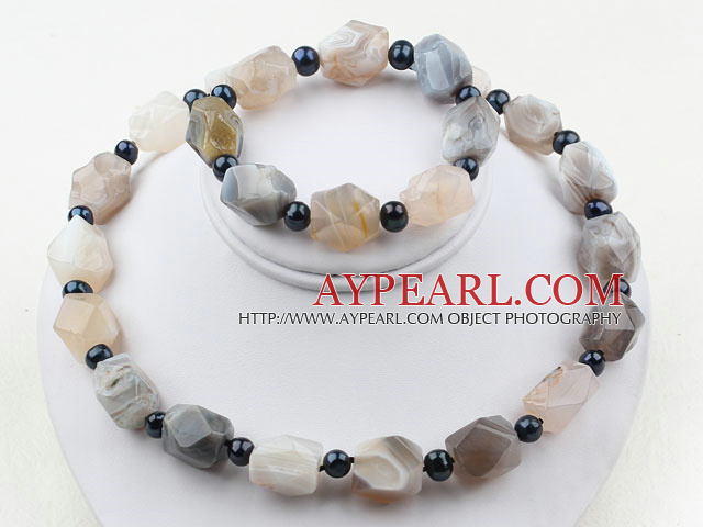 Black Freshwater Pearl and Aniseed Gray Agate Set ( Necklace and Matched Bracelet )