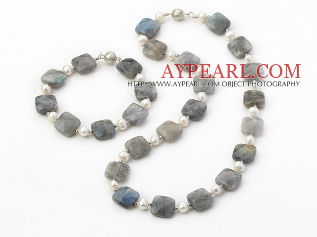 Nice White Freshwater Pearl And Faceted Square Flash Stone Sets (Necklace With Matched Bracelet)