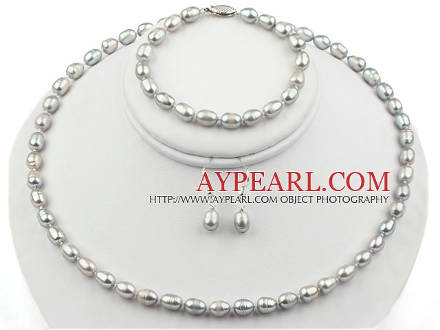 6-7mm Gary Color Rice Shape Freshwater Pearl Set (Halsband Armband och matchade Örhängen)