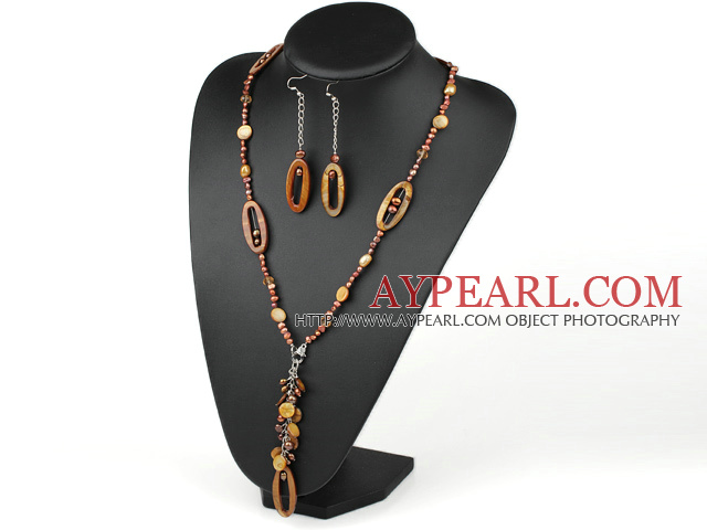 brown pearl crystal and shell necklace earrings set