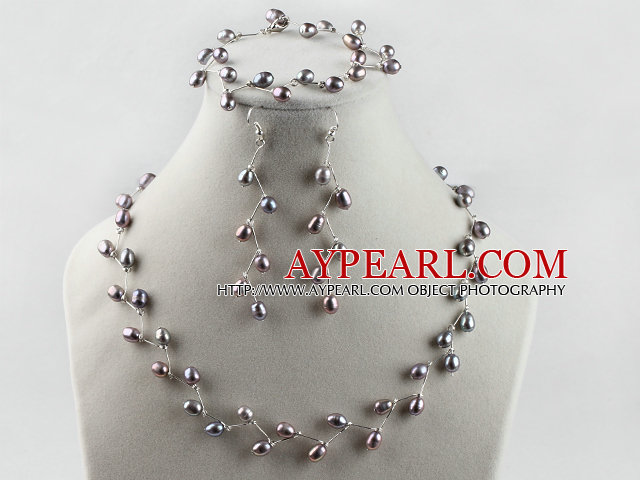 brudkläder smycken 6-7 naturliga grå ris pärla halsband armband örhängen som