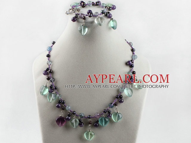 pearl amethyst heart rainbow flourite necklace bracelet set