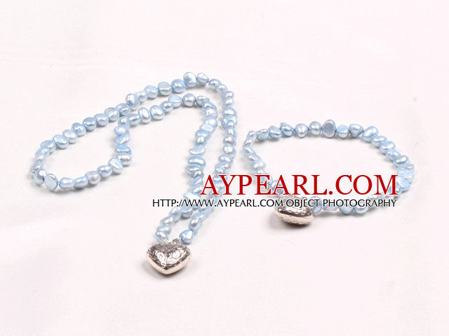 Fashion 6-7mm Natural Light Blue Freshwater Pearl Heart Pendant Jewelry Set(Necklace With Matched Bracelet)