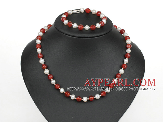 popular white pearl red agate necklace bracelet set