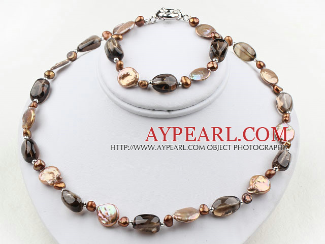 Coin Pearl et Smoky Quartz Set (Collier et bracelet assortis)