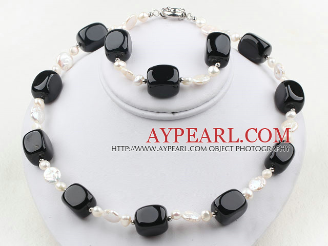 White Coin Freshwater Pearl and Rounded Black Stone Set ( Necklace and Matched Bracelet )