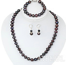 6-10mm dark pearl necklace bracelet earring set 