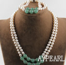 double strand white pearl and aventurine necklace bracelet set with slide lock clasp