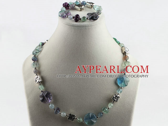 rainbow flourite necklace bracelet set with toggle clasp