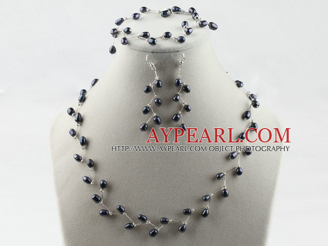 bridal jewelry 6-7mm natural black rice pearl necklace bracelet earrings set