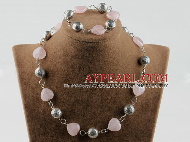 Формы сердца розовый кварц и Тибета серебра аксессуары комплект (ожерелье и браслет соответствие)