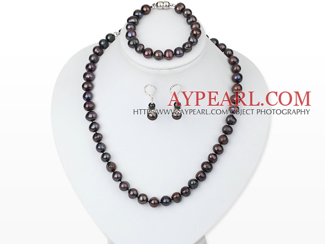 6-10mm dark pearl necklace bracelet earring set 