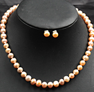 7-8mm Pink Color Pearl Necklace and Matched Studs Earrings Sets