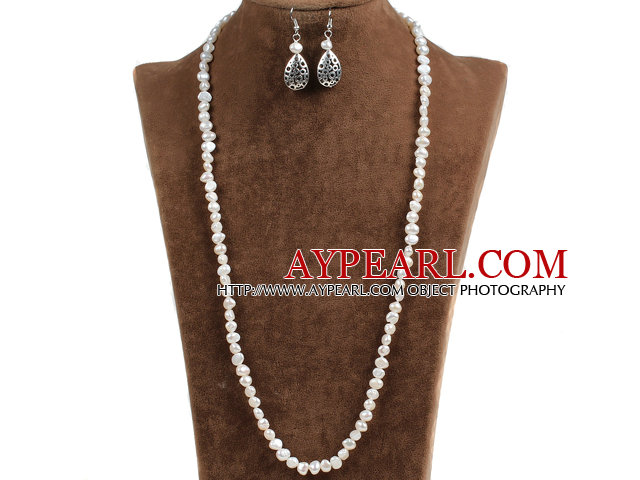 Graceful style long blanc perle d'eau douce naturelle Jewelty Set (Collier et boucles d'oreilles)