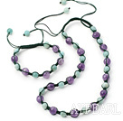 Fashion Round Amethyst And Amazon Drawstring Jewelry Sets With Adjustable Cords (Necklace With Matched Bracelet)