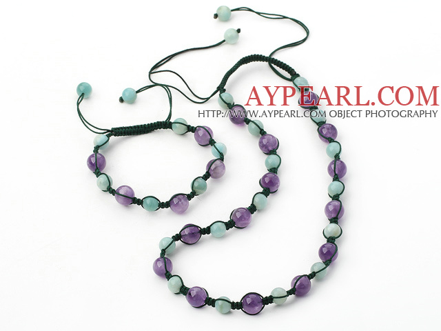 Fashion Round Amethyst And Amazon Drawstring Jewelry Sets With Adjustable Cords (Necklace With Matched Bracelet)