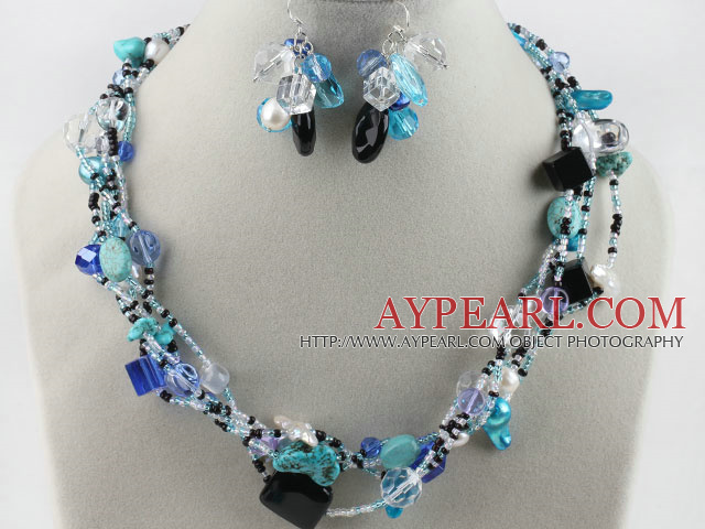 nydelig hvit perle blå krystall og turkis kjede øredobber satt