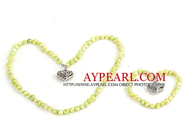 Classic Simple Design Potato Shape Kelly Green Pearl Necklace & Bracelet Set With Heart Charm