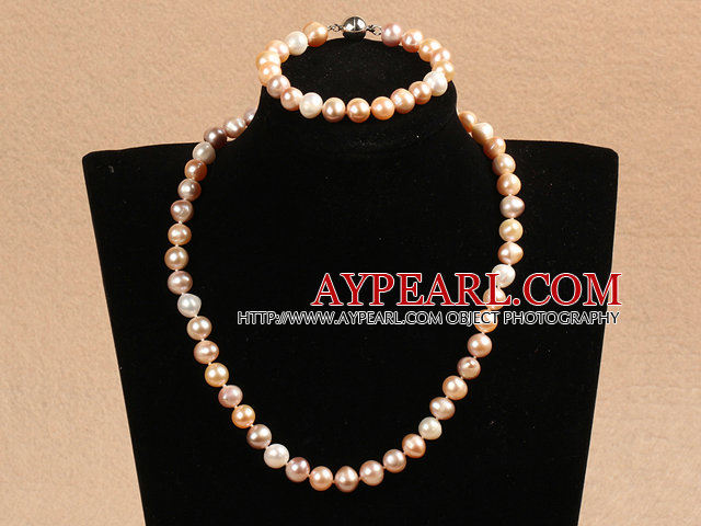 Graceful Hot Sale 9-10mm Natural Smooth White Pink Pearl Jewelry Set (Necklace & Bracelet)