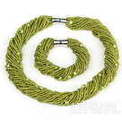 multi strand grass green glass beads pearl set with magnetic clasp