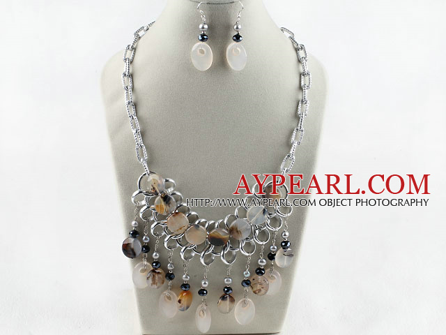 Brésil agate grise ensemble (collier et boucles d'oreilles assortis)