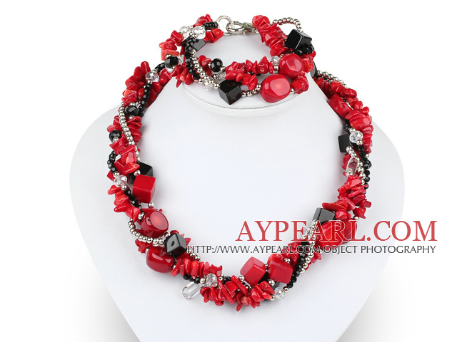 Multi Twisted Strands Red Coral Silver Beads And Crystal Sets (Necklace With Matched Bracelet)