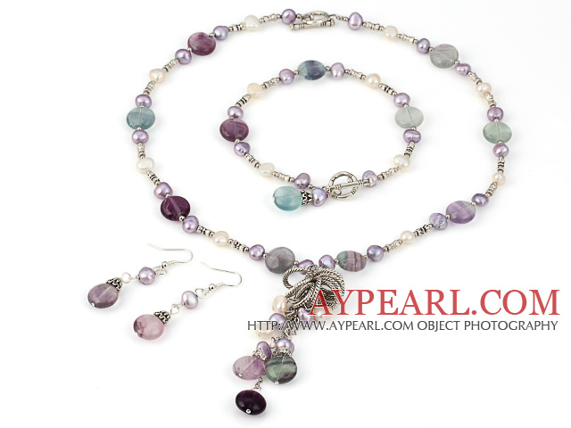 Новый дизайн и пресной воды Pearl Радуга Флюорит Set (браслет и ожерелье Согласованные серьги)