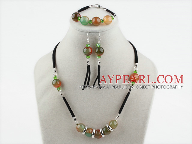 Red and Green Agate Set with Black Cord(Necklace Bracelet and Matched Earrings)