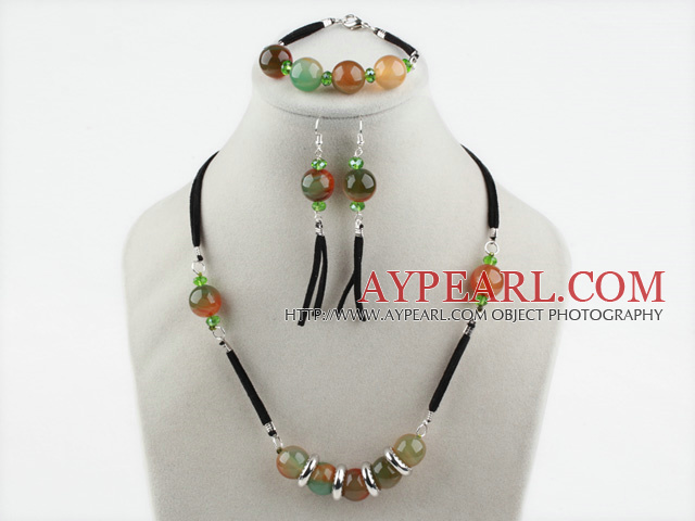 Rouge et Vert Set Agate avec cordon noir (bracelet collier et boucles d'oreilles assortis)