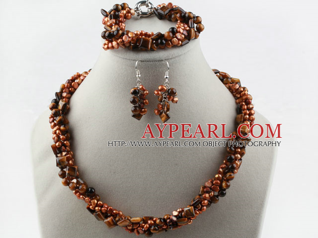 Multi Strand Brown Freshwater Pearl and Tiger Eye Set (Necklace Bracelet and Matched Earrings)