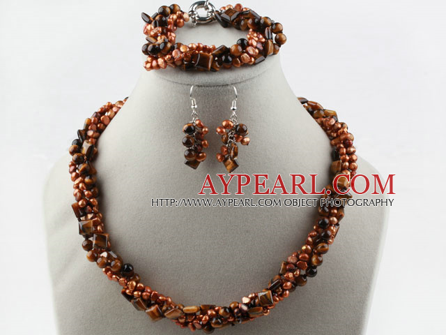 Multi Strand Brown şi de apă dulce Pearl Eye Set Tiger (brăţară colier şi cercei potrivire)