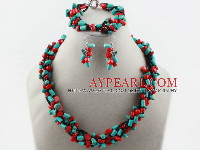 Multi Strand Red Coral and Turquoise Set (Necklace Bracelet and Matched Earrings0